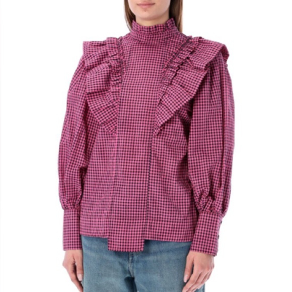 Ganni Ruffle Seersucker Gingham Blouse